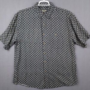 Summa Mens Large 100% Silk Short Sleeve Button Up Shirt Geometric Pattern Gray